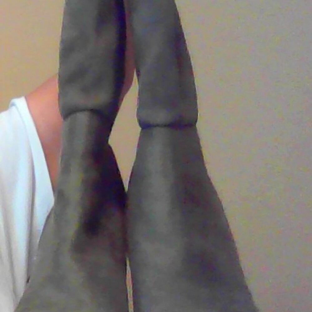 Tall Olive colored wedge suede and neoprene stretch boots